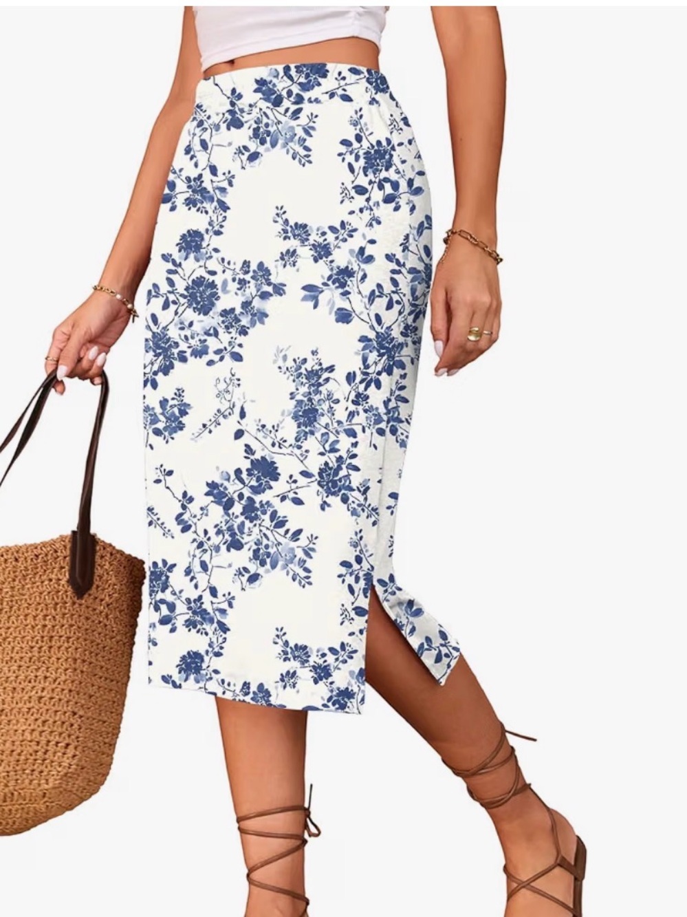 Blue Floral Midi Skirt - Elegant Women's Pencil Skirt